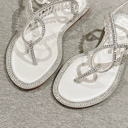 RENE CAOVILLA 26S THONG SANDALS IN WHITE LAMBSKIN CRYSTAL EMBELLISHED STRAP