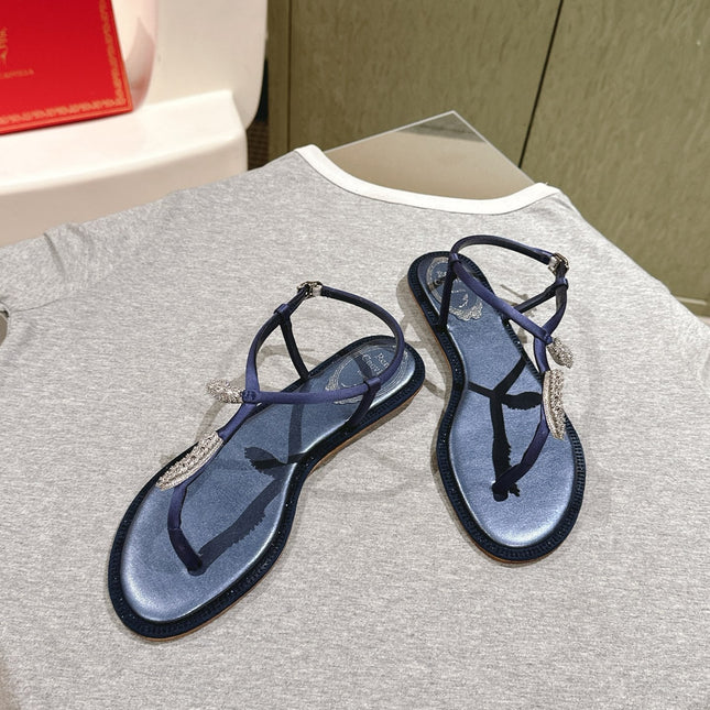 RENE CAOVILLA 26S THONG SANDALS IN NAVY BLUE LAMBSKIN
