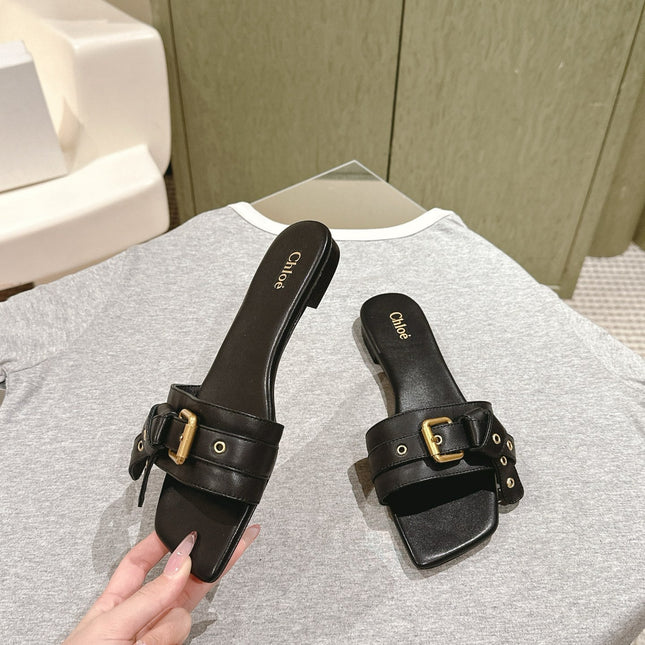 CHLOÉ 26S SLIDE SANDALS IN BLACK LAMBSKIN