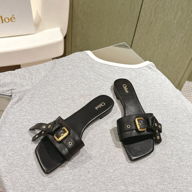 CHLOÉ 26S SLIDE SANDALS IN BLACK LAMBSKIN