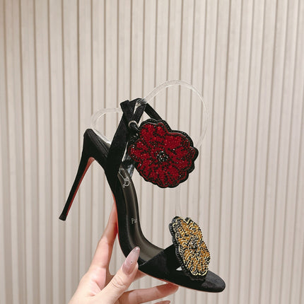 BEADED FLORAL EMBELLISHED SANDALS 135MM IN BLACK VELVET MIX CALFSKIN