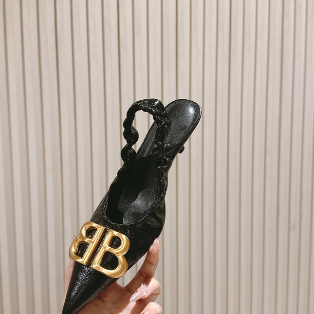 BALENCIAGA 25S HIGH SLINGBACK 45 MM IN BLACK LAMBSKIN WITH GOLD HARDWARE