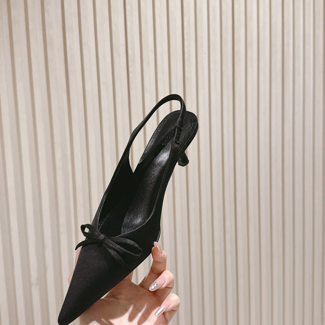 BALENCIAGA 25S HIGH SLINGBACK IN BLACK SATIN WITH SMALL BOW