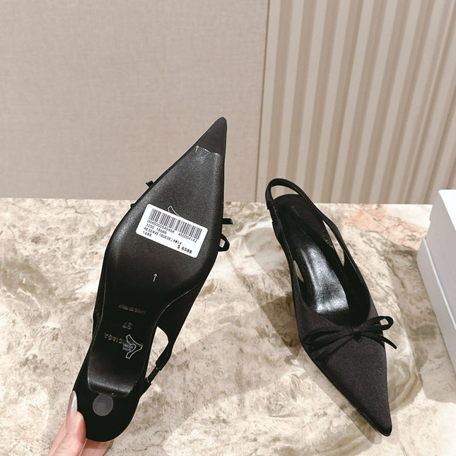 BALENCIAGA 25S HIGH SLINGBACK IN BLACK SATIN WITH SMALL BOW