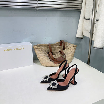 AMINA CRYSTAL HIGH HEELS 100MM IN BLACK SATIN