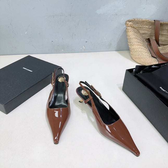YSL 26S SLINGBACK HEELS 65 MM IN BROWN CALFSKIN