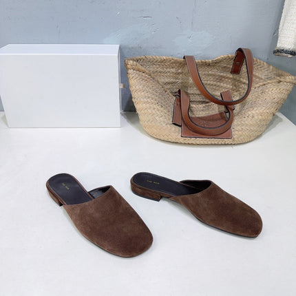 THE ROW 26S ROUND TOE MULES IN CHOCOLATE BROWN SUEDE