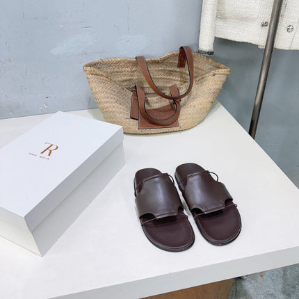 THE ROW 26S STRAP SLIDES IN CHOCOLATE BROWN CALFSKIN