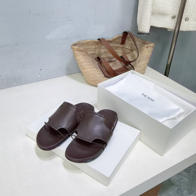 THE ROW 26S STRAP SLIDES IN CHOCOLATE BROWN CALFSKIN