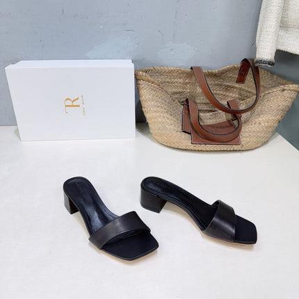 THE ROW 26S SQUARE TOE SLIDE SANDALS 45MM IN BLACK CALFSKIN