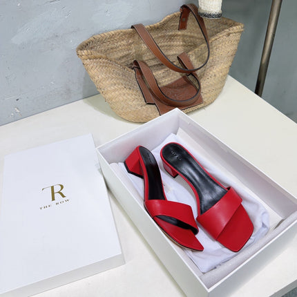 THE ROW 26S SQUARE TOE SLIDE SANDALS 45MM IN DARK RED CALFSKIN