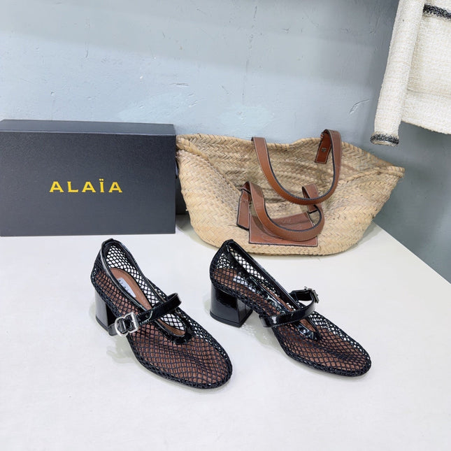ALAIA 26S HIGH-HEEL MARY JANES 50 MM IN BLACK WOVEN MESH