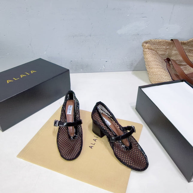 ALAIA 26S HIGH-HEEL MARY JANES 50 MM IN BLACK WOVEN MESH