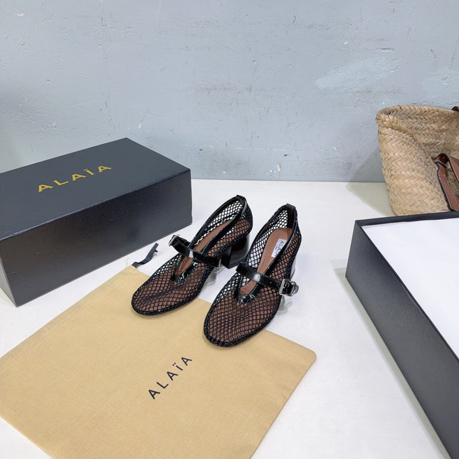 ALAIA 26S HIGH-HEEL MARY JANES 50 MM IN BLACK WOVEN MESH