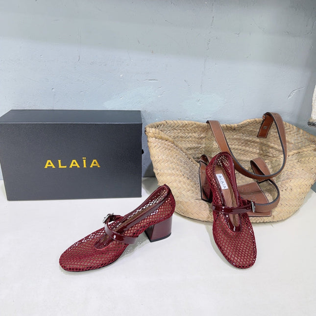 ALAIA 26S HIGH-HEEL MARY JANES 50 MM IN DARK RED WOVEN MESH