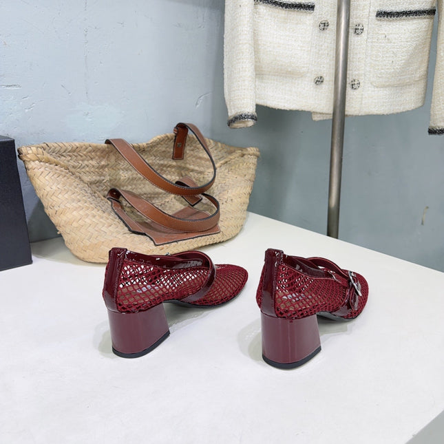 ALAIA 26S HIGH-HEEL MARY JANES 50 MM IN DARK RED WOVEN MESH