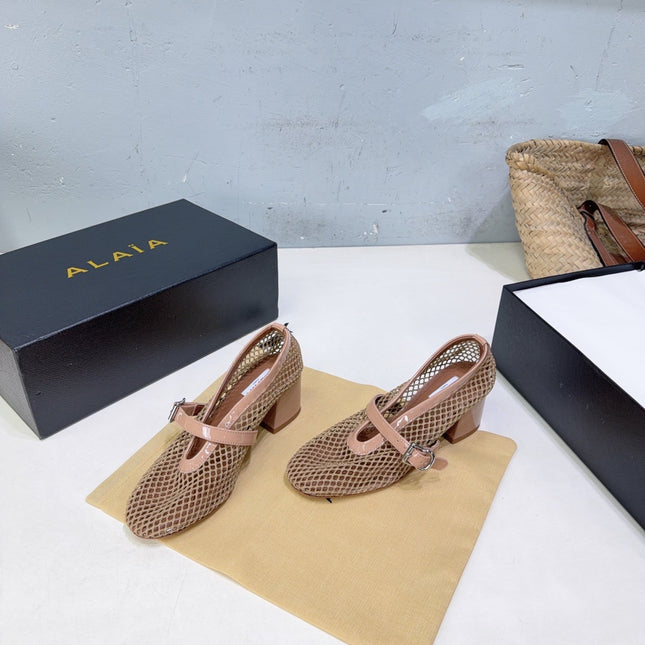 ALAIA 26S HIGH-HEEL MARY JANES 50 MM IN NUDE WOVEN MESH