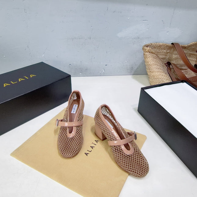 ALAIA 26S HIGH-HEEL MARY JANES 50 MM IN NUDE WOVEN MESH