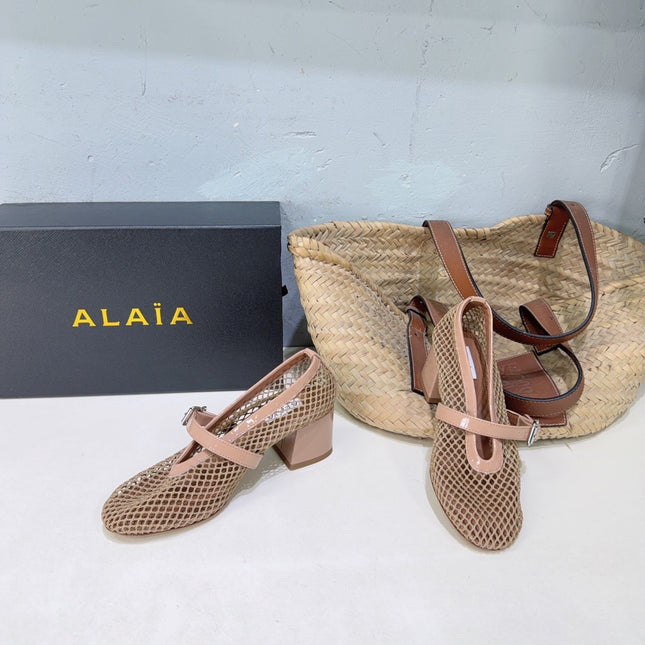 ALAIA 26S HIGH-HEEL MARY JANES 50 MM IN NUDE WOVEN MESH