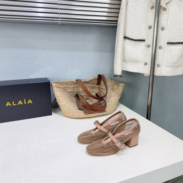 ALAIA 26S HIGH-HEEL MARY JANES 50 MM IN NUDE WOVEN MESH