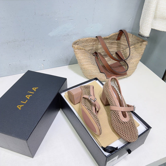 ALAIA 26S HIGH-HEEL MARY JANES 50 MM IN NUDE WOVEN MESH