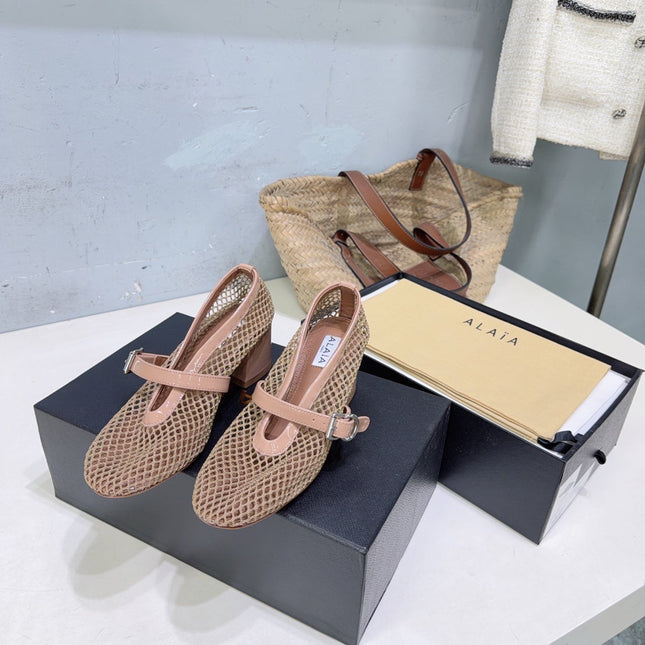 ALAIA 26S HIGH-HEEL MARY JANES 50 MM IN NUDE WOVEN MESH
