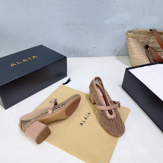 ALAIA 26S HIGH-HEEL MARY JANES 50 MM IN NUDE WOVEN MESH