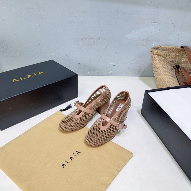 ALAIA 26S HIGH-HEEL MARY JANES 50 MM IN NUDE WOVEN MESH