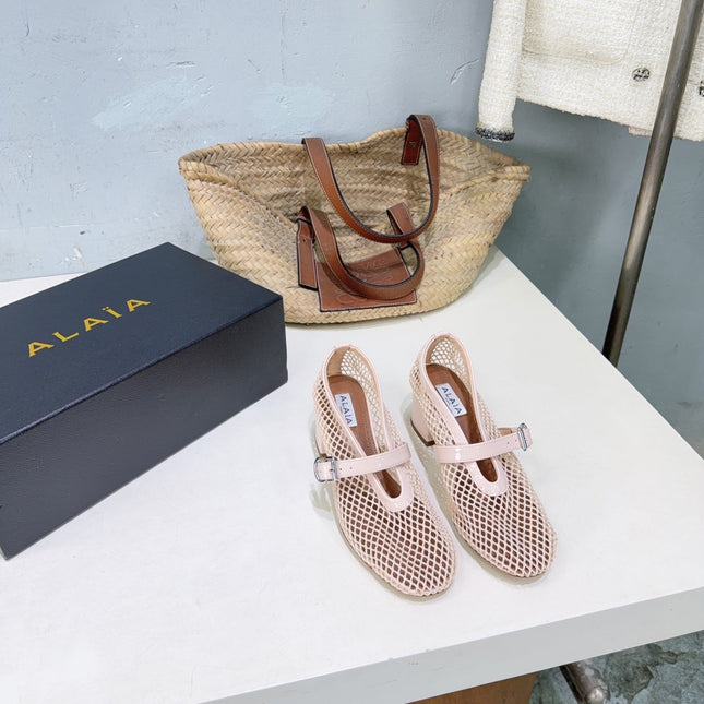 ALAIA 26S HIGH-HEEL MARY JANES 50 MM IN NUDE PINK WOVEN MESH