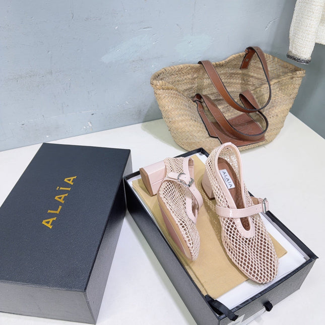 ALAIA 26S HIGH-HEEL MARY JANES 50 MM IN NUDE PINK WOVEN MESH