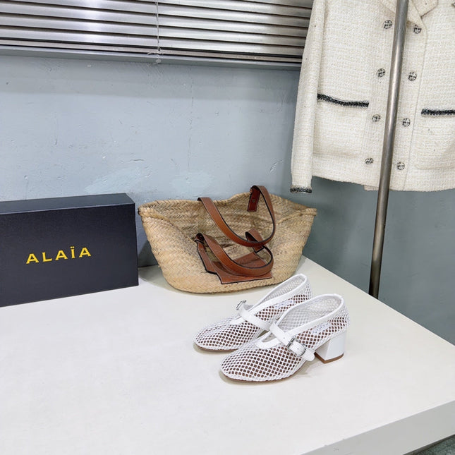 ALAIA 26S HIGH-HEEL MARY JANES 50 MM IN WHITE WOVEN MESH