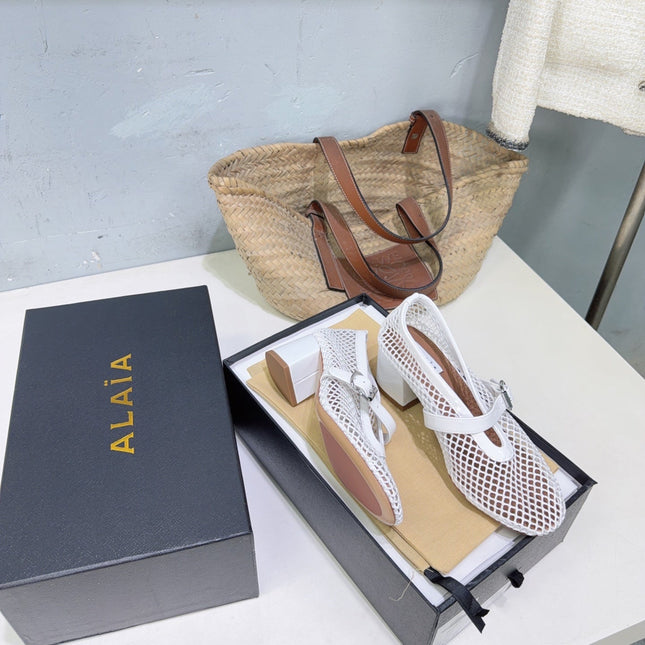 ALAIA 26S HIGH-HEEL MARY JANES 50 MM IN WHITE WOVEN MESH