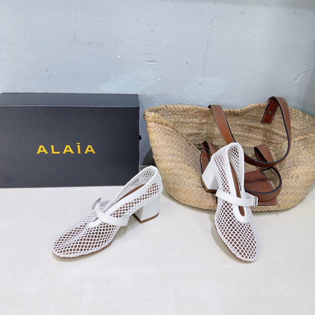 ALAIA 26S HIGH-HEEL MARY JANES 50 MM IN WHITE WOVEN MESH