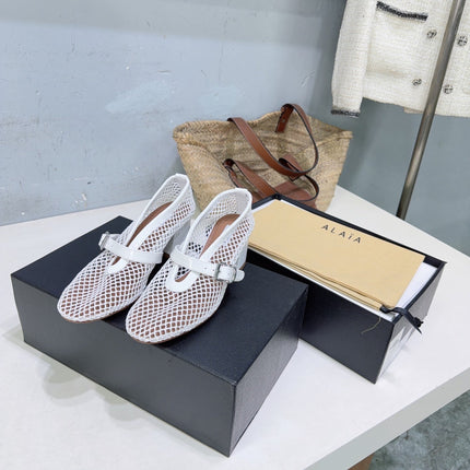 ALAIA 26S HIGH-HEEL MARY JANES 50 MM IN WHITE WOVEN MESH