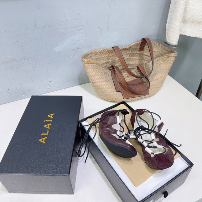 ALAIA 26S LACE-UP BALLET FLATS IN MERLOT RED LAMBSKIN AND SUEDE