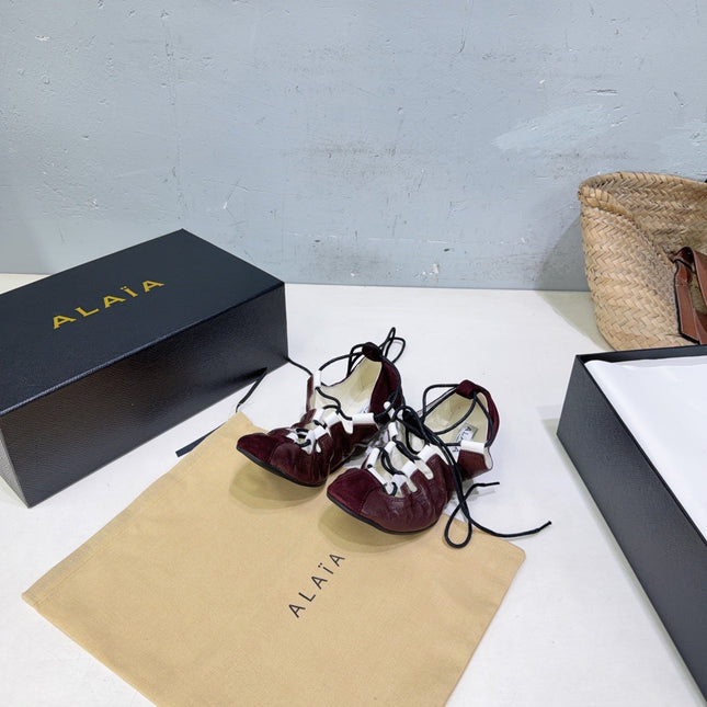 ALAIA 26S LACE-UP BALLET FLATS IN MERLOT RED LAMBSKIN AND SUEDE