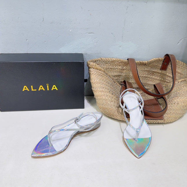 ALAIA 26S THONG SANDALS IN SILVER METALLIC CALFSKIN