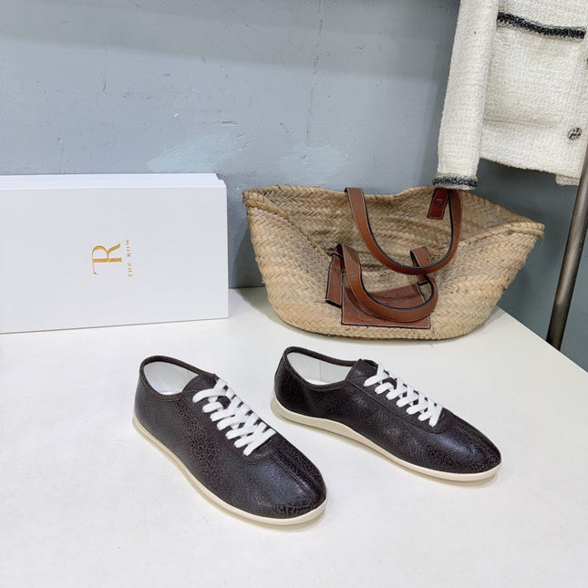 THE ROW 26S LACE-UP SNEAKERS IN DARK BROWN GRAINED CALFSKIN