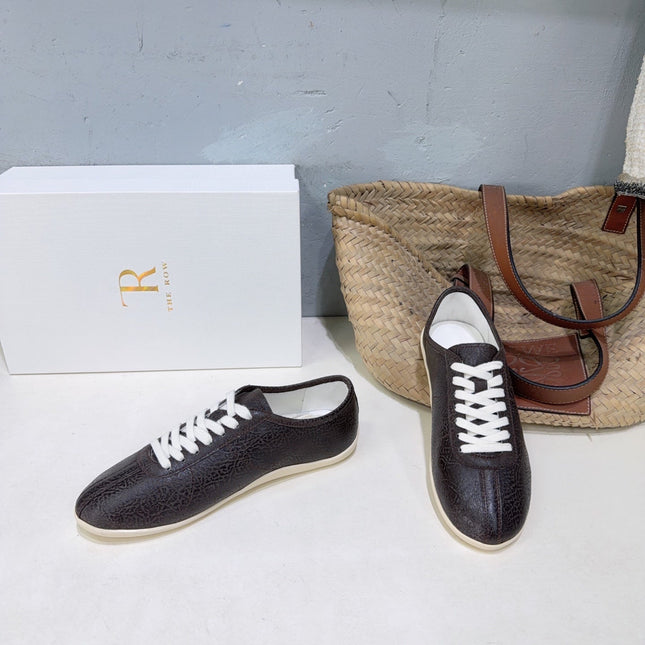 THE ROW 26S LACE-UP SNEAKERS IN DARK BROWN GRAINED CALFSKIN