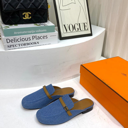 IENA MULE LAPIS CANVAS AND CARAMEL CALFSKIN