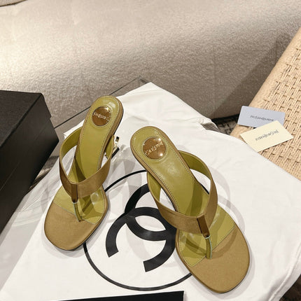 YSL 26S HEELED THONG SANDALS 85 MM IN MOSS GREEN SATIN