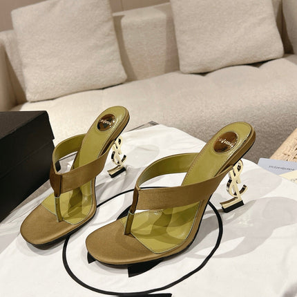 YSL 26S HEELED THONG SANDALS 85 MM IN MOSS GREEN SATIN