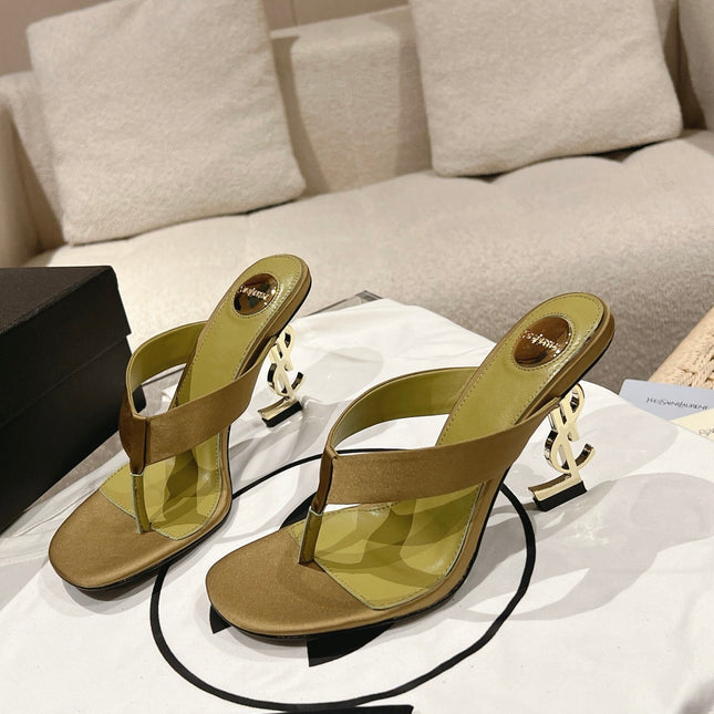 YSL 26S HEELED THONG SANDALS 85 MM IN MOSS GREEN SATIN