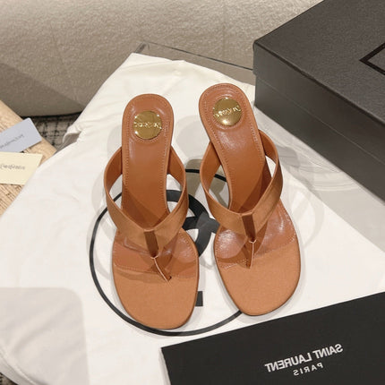 YSL 26S HEELED THONG SANDALS 85 MM IN TAN BROWN SATIN