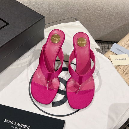 YSL 26S HEELED THONG SANDALS 85 MM IN DARK PINK SATIN