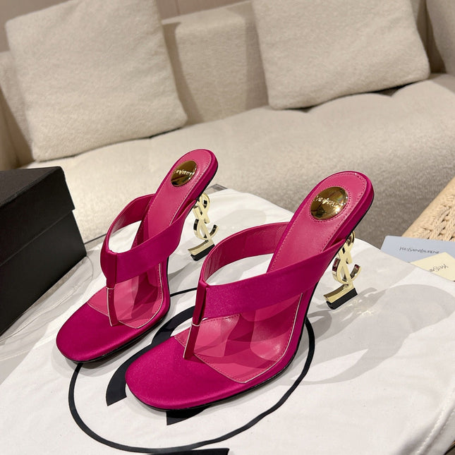 YSL 26S HEELED THONG SANDALS 85 MM IN DARK PINK SATIN