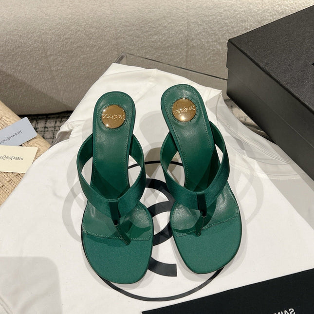 YSL 26S HEELED THONG SANDALS 85 MM IN DARK GREEN SATIN