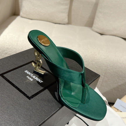 YSL 26S HEELED THONG SANDALS 85 MM IN DARK GREEN SATIN