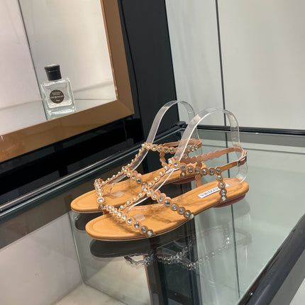 AQUAZZURA 26S FLAT SANDALS IN CAMEL CALFSKIN CRYSTAL EMBELLISHED