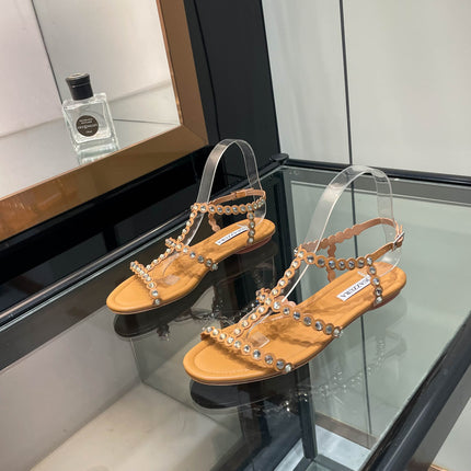 AQUAZZURA 26S FLAT SANDALS IN CAMEL CALFSKIN CRYSTAL EMBELLISHED